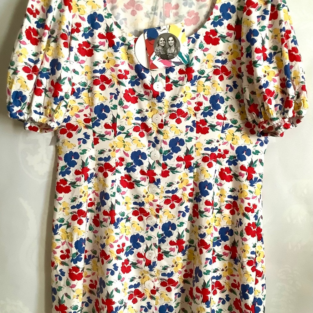 🎁 👗 Rixo Floral Puff Sleeve Buttoned Down Mini Dress Sz 16 NwT🌺🌸